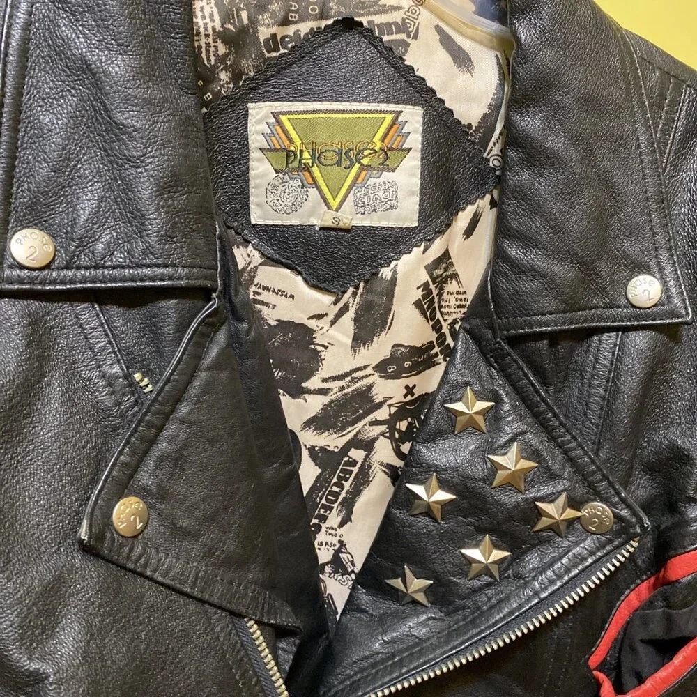 Vintage Phase 2 Leather Jacket Mens Size S American Flag Biker USA Studded Stars - Picture 4 of 16